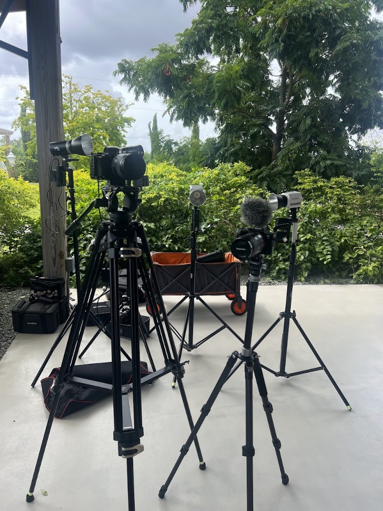 Outdoor live production kit with tripods, lights, and cameras on a garden venue patio